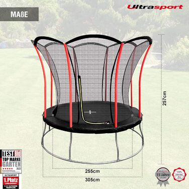 Батут Ultrasport Uni-Jump 305 см з захисною сіткою для дітей, сертифікований TÜV Rheinland, комплект: мат, оцинковані пружини, м'які стійки, Lotus