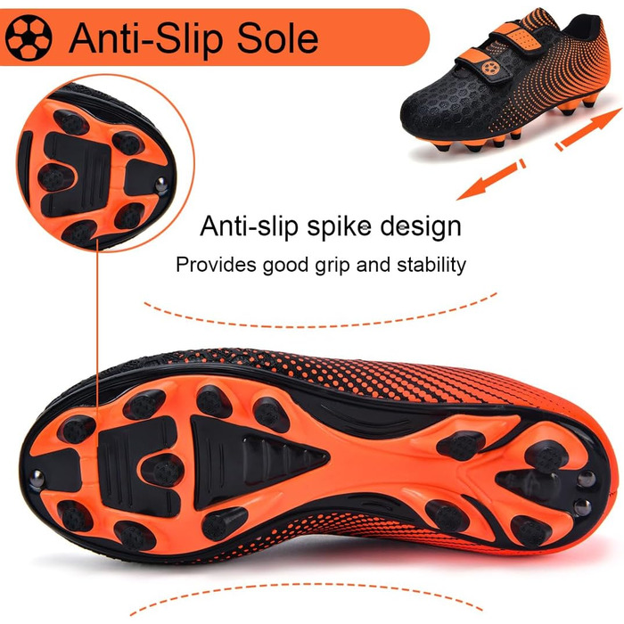 Дитячі футбольні бутси для хлопчиків та дівчаток. Низькі, для тренувань та занять спорту на відкритому повітрі. Розміри 28-37 EU, чорно-оранжеві.