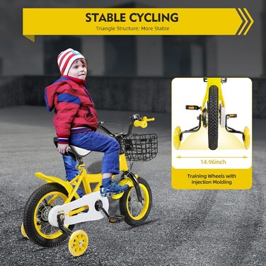 Дитячий велосипед 12 дюймів для дівчаток та підлітків, 3-6 років, з кошиком (жовтий)