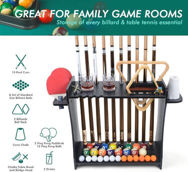 Підставка для бильків XCSOURCE 2-в-1: для бильків та шатків для пінг-понгу. Масивна дерев'яна підставка на підлозі, вміщує 9 бильків. Комплект з м'ячиками, аксесуари для більярду та пінг-понгу. Чорний колір.
