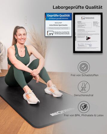 NEOLYMP Fitness Mat: Товста, неслизька килимок для фітнесу з електронною книгою та ремінком - для йоги, пілатесу, спорту, тренувань, сірий | 61 см