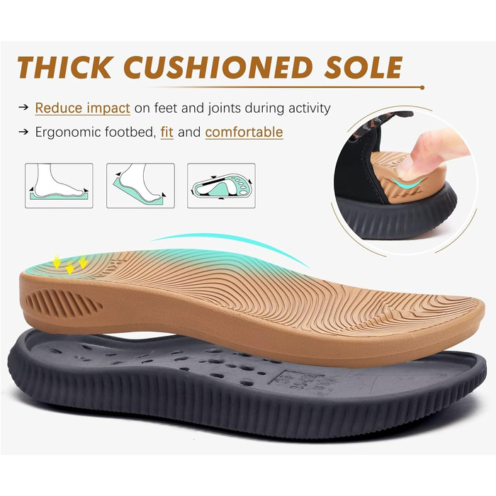 Жіночі трекінгові сандалії KuaiLu: зручні ортопедичні сандалі для туризму та активного відпочинку, літні, з регулюванням на липучках, відкриті, для підтримки стопи при фасціїтісу, чорний/хакі, 42 EU