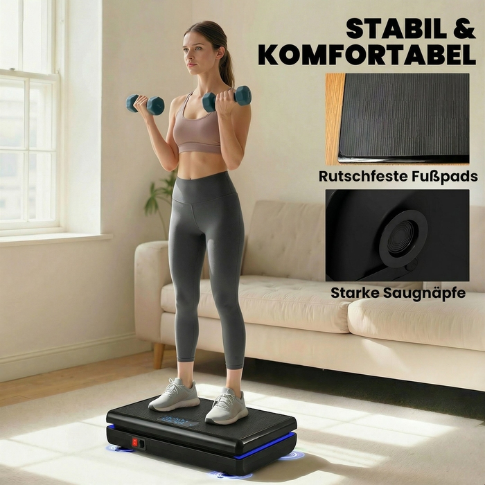 Віброплатформа з 120 рівнями інтенсивності, 5 програмами, LED-підсвіткою, гумовими амортизаторами та ременями опору