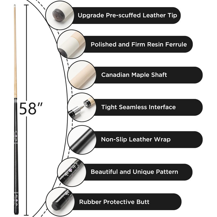 Більярдний кий 18/19/20/21 oz, 58' - професійний кий для більярду, 13mm наконечник, для гри 8/9 куль, чорний 21oz