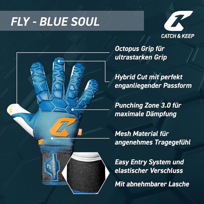 Воротарські рукавички CATCH & KEEP Fly Soul – професійні футбольні рукавички з Octopus Grip, гібридним кроєм, дихаючою сіткою та Punching Zone 3.0