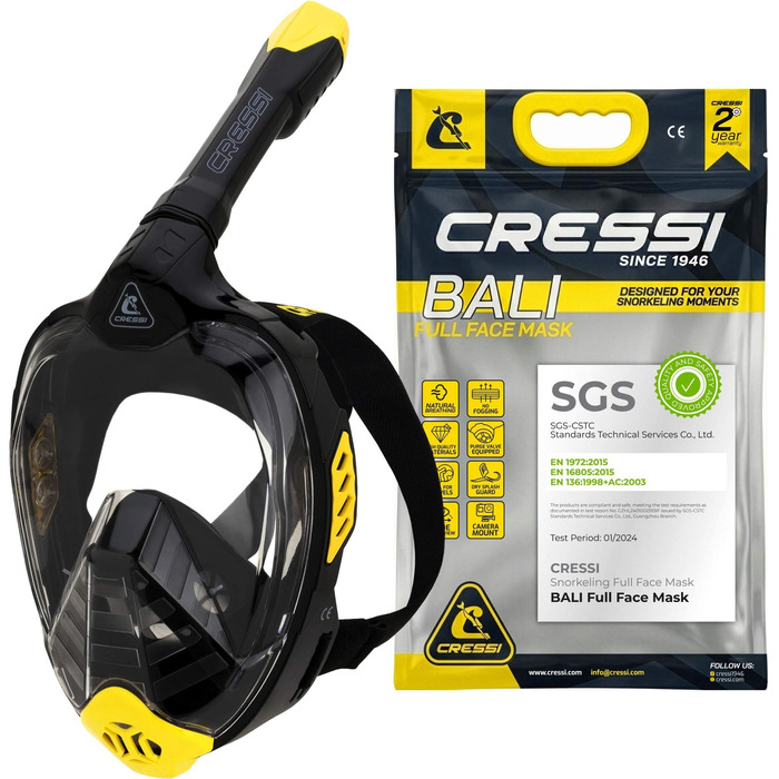 Маска для снорклінгу Cressi Bali Full Face - Повна маска з системою захисту від CO2, прозоре скло, 100% силікон, кріплення для камери, чорний/жовтий, L-XL