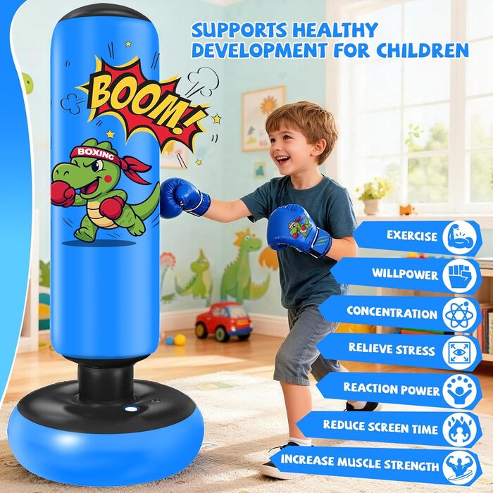Дитячий боксерський мішок Ninonly 130 см з рукавичками для боксу, карате та тхеквондо для хлопчиків та дівчаток, динозавр