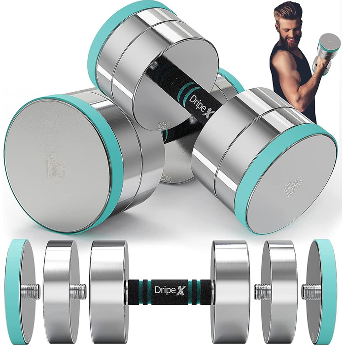 Комплект гантелей Dripex з регульованою вагою, сталь, 2 x 15 кг, зручна ручка, для домашніх тренувань