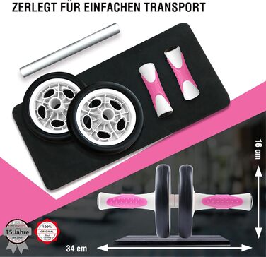 Ролер для пресу Ultrasport AB Roller з килимком для колін, тренування пресу для чоловіків та жінок, компактний складний ролер для м'язів, білий/рожевий