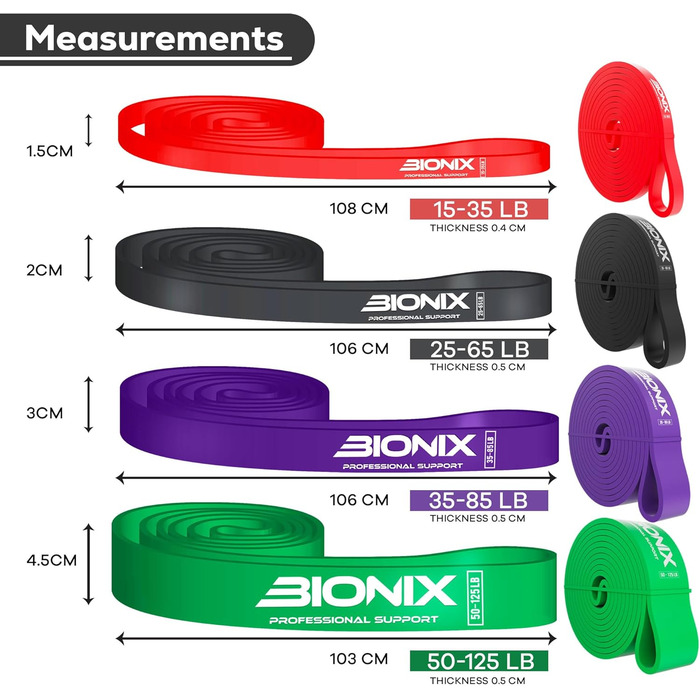 Еластичні стрічки Bionix для фітнесу: комплекс для силових тренувань, йоги, кросфіту, чоловіків та жінок. Різні рівні опору, чорний, червоний, зелений, фіолетовий