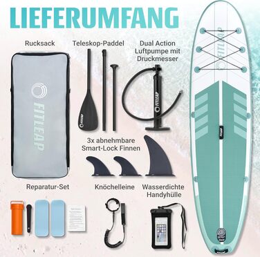 Надувний SUP Борд Fitleap Premium Stand Up Paddle Board - Комплект з насосом, веслом та рюкзаком. Ідеально для початківців та професіоналів, для йоги, серфінгу та водного спорту. (Зелений в смужку, 1 особа)
