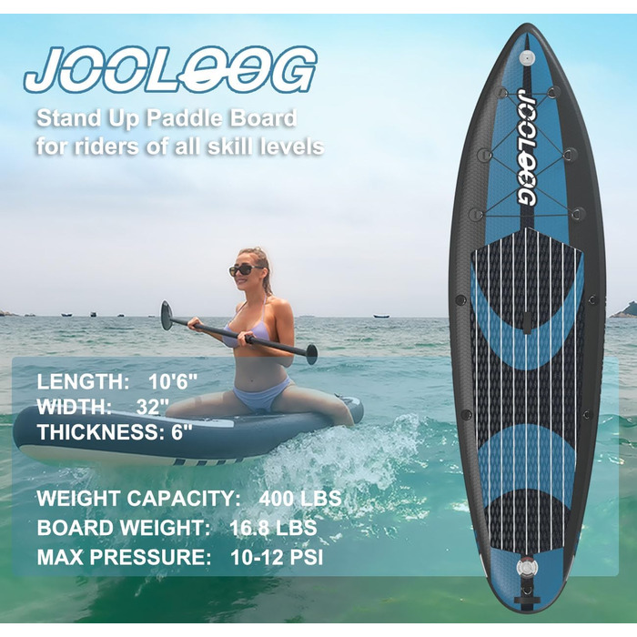 Надувний SUP-борд JOOLOOG Stand Up Paddle Board з сидінням для каяків, 320 x 81 x 15 см (Блакитний)