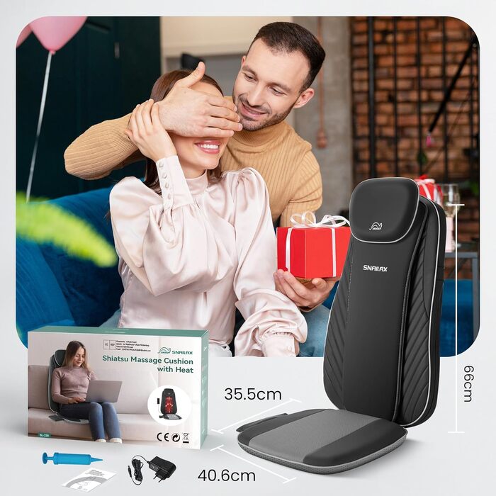 Масажне сидіння Snailax Shiatsu з підігрівом та вібрацією для шиї та спини, масажер для крісла, подарунок для чоловіків та жінок, 40.6x35.5x66cm