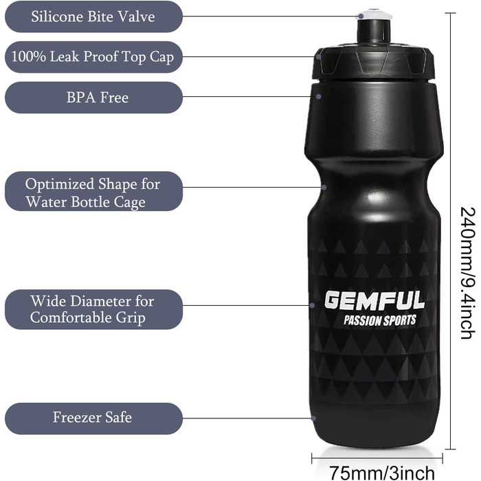Тримач для напоїв на велосипед GEMFUL з пляшкою 750мл, BPA-free, для MTB, шосе, 4 шт. в упаковці