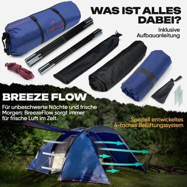 Намет Trailvista® Cevedale Zelt для 4 осіб: водонепроникний, легкий, швидко встановлюється, з тамбуром. Сімейний тунельний намет для кемпінгу, блакитний