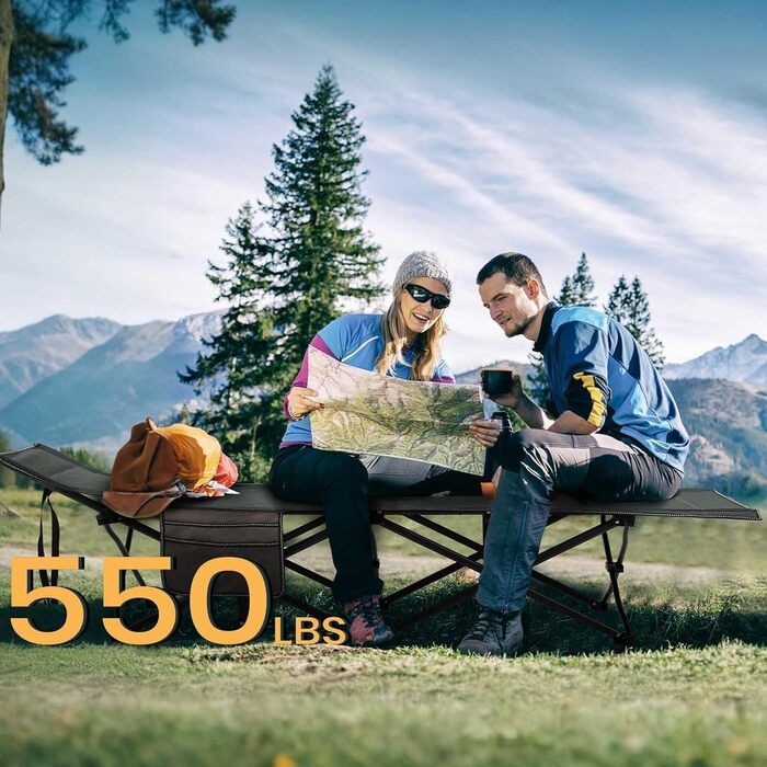Розкладне ліжко OVERMONT для кемпінгу з матрацом, 190x71x36 см, до 250 кг, Oxford 2400D, чорний/сірий