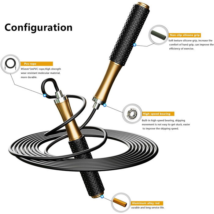 Стрибкове канат для чоловіків, жінок, дітей - з подвійними кульковими підшипниками, 360-градусний поворот, металевий руків'я, серцевина з силіконовим руків'ям, регульований, 3 м, для фітнесу, схуднення, чорний