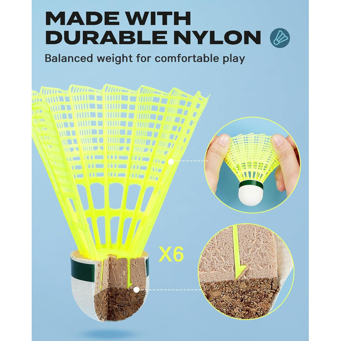 Набір для бадмінтону 4 шт. для ігор на вулиці, включає 4 ракетки, 6 нейлонових воланчиків, легкі ракетки для бадмінтону для початківців