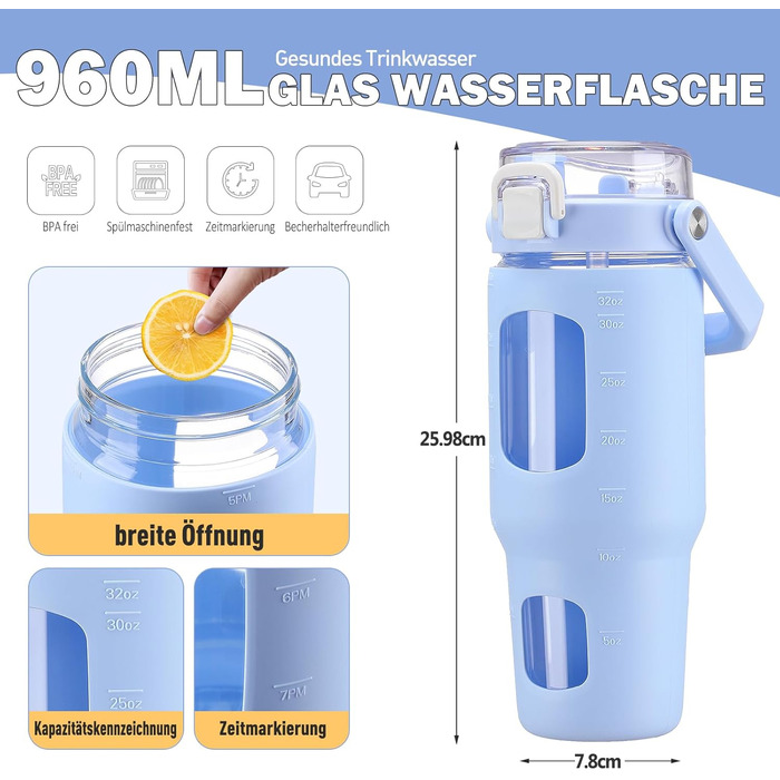 Скляна пляшка HYDRAGLAZIC 960 мл із соломинкою