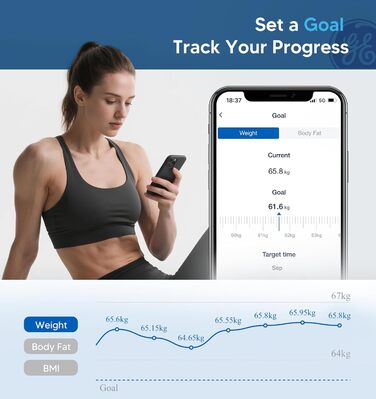 Розумні ваги GE для тіла: аналізатор складу тіла (жир, м'язи, BMI), Bluetooth, 180 кг, великий дисплей