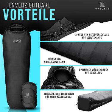 Спальний мішок WALDNER Daunenschlafsack Ultraleicht – ультралегкий, 4 сезони, 800г пуху, 600FP, для кемпінгу та відпочинку на природі, до 200 см