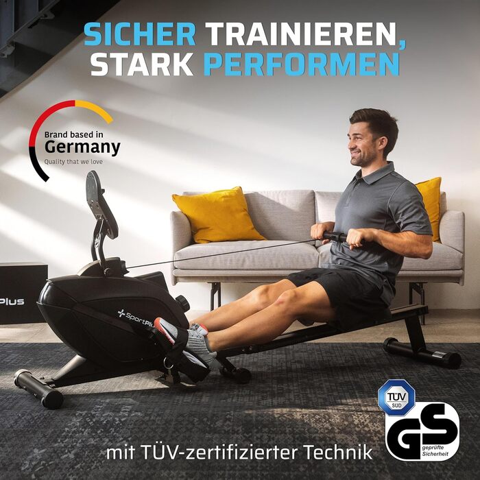 Гребний тренажер SportPlus для дому, складаний, з магнітним опором, чорний/чорний, до 150 кг, сумісний з додатком