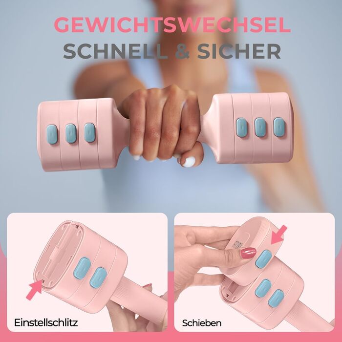 Регульовані гантелі 2 в 1 + гвинтівка (kettlebell) – Набір гантелей для жінок, Рожеві, короткі гантелі 1–3 кг & гвинтівка 2,5–6,5 кг, з 3 еластичними стрічками та інструкцією