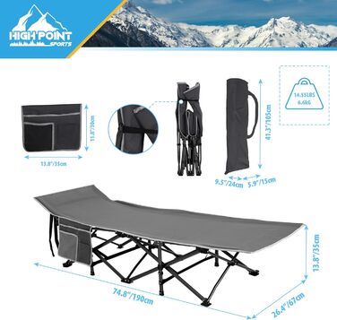 Розкладне ліжко для кемпінгу HIGH POINT SPORTS XXL, 270 кг, стабільне, легке, для дорослих, з сумкою та кишенею, сіре, 190 x 67 x 35 см