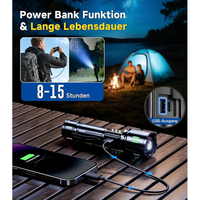LED ліхтар Esgofo перезарядна, 1000000 люменів, дальність 1000 м, регульований фокус, 15 годин роботи, USB-C, для кемпінгу та безпеки