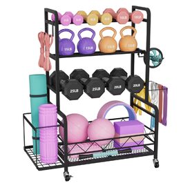 Стойка для гантелей на 4 рівня з коліщатками, з кошиком, для дому, фітнесу та силових тренувань
