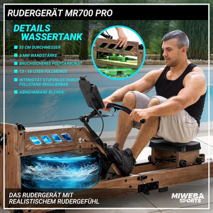 Гребний тренажер Miweba Sports MR700 Pro для дому, водний, складаний, з Bluetooth, LED баком, сумісний з Kinomap, дерев'яний