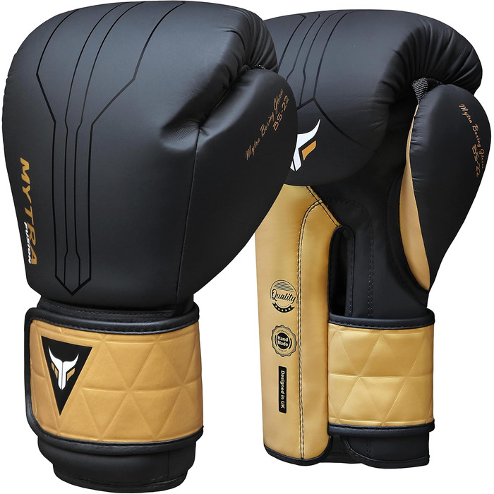 Боксерські рукавички Mytra Fusion 16oz чорні/золоті з безкоштовними бинтами для боксу, MMA, тайського боксу, кікбоксингу для чоловіків і жінок