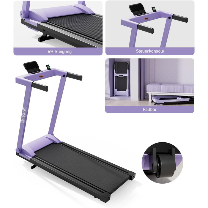 Біговий тренажер DeerRun з підтримкою High-Tech пристроїв, 158 кг, APP-керування, 2573W, складний, з курсами та мультиплеєр, фіолетовий