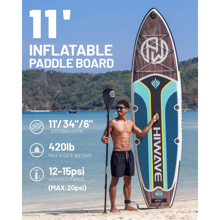 SUP дошка Hiwave надувна 380x86.4x15.2 см, до 158.8 кг, коричнева, з 3 регульованими веслами - для океану та озера
