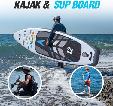 Надувний SUP Борд Zupapa 320/366см | Stand Up Paddle Board з сидінням для каяка | Комплект аксесуарів чорно-біло-сірий