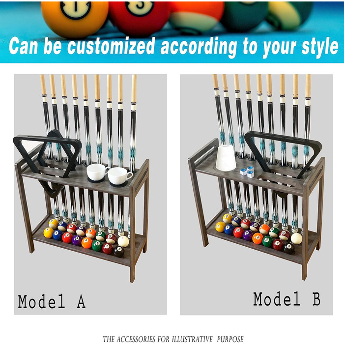 Підставка для київ для більярду на підлозі на 8 київ та аксесуари, дерев'яна підставка для київ, кутова підставка з гачками та лічильником очок