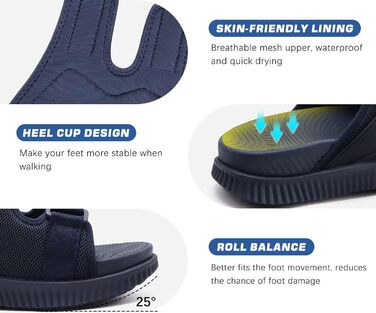 Чоловічі спортивні сандалії KuaiLu з м'якою устілкою, ортопедичні для фасціїту, Outdoor, Wander, легкі, відкриті пальці, регульована липучка, сланці (Морський, 45 EU)