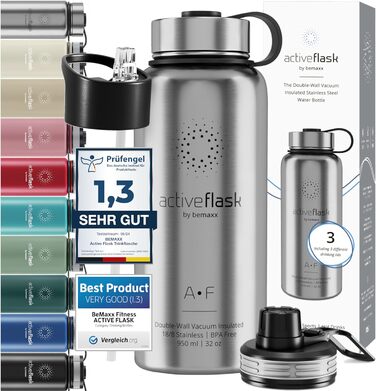 Термос пляшка з нержавіючої сталі ACTIVE FLASK 950 мл із соломинкою, 3 кришки, BPA-free, герметична, для газованих напоїв, велосипедна термобутилка для води, спорту, дітей, чаю