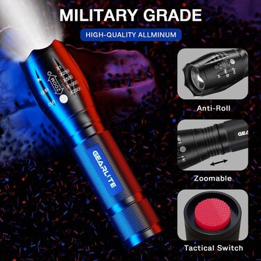 Потужний LED ліхтарик GEARLITE на батарейках, 2000 Люмен, 5 режимів, зум, водонепроникний IP65 для кемпінгу, походів та надзвичайних ситуацій, чорний (набір 2 шт.)