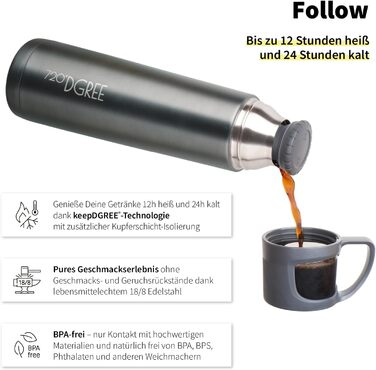 Термос 720°DGREE Follow з чашкою, 450 мл, нержавіюча сталь, BPA-free, ізольований, для кави та чаю, для дітей, школи, роботи, сіро-кам'яний