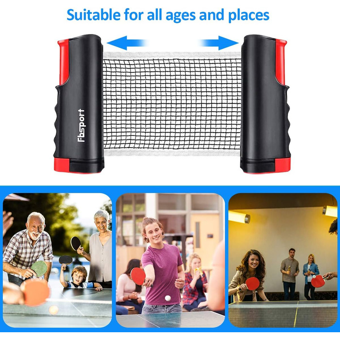 FBSPORT Набір для настільного тенісу Професійний: 2 ракетки, сітка, 6 м'ячів, сумка. Підходить для дорослих та сімей, для гри в приміщенні та на вулиці, чорний