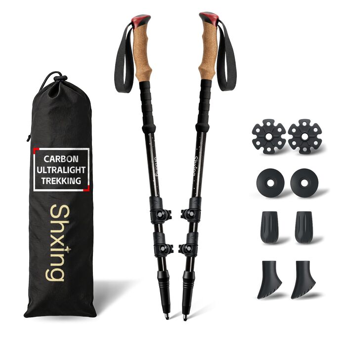 Комплект карбонових палиць для скандинавської ходьби та трекінгу (2 шт), ультралегкі, регульовані 62–135 см, з корковими ручками, для чоловіків та жінок