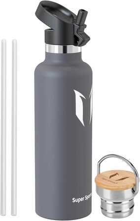 Фляга Super Sparrow з нержавіючої сталі - 350мл/500мл/620мл/750мл/1л - Без витоку, термос, BPA-Free, для дітей, спорту, школи, фітнесу - з 2 кришками, сірий колір