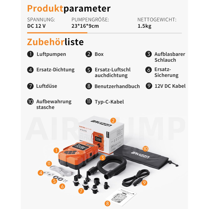 Електричний насос для SUP дошки 12V, 22 PSI, з акумулятором 59.2Wh, Type-C, 7 насадок, помаранчевий