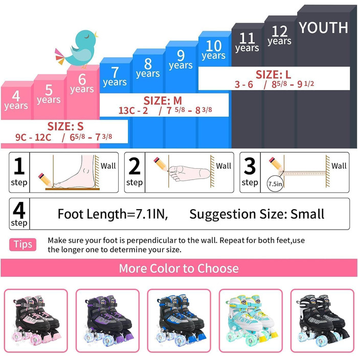 Дитячі ролики Nattork для дівчаток та хлопчиків, регульовані, з підсвічуванням, 4 розміри, для занять в приміщенні та на вулиці (EU 35-38, блакитні)