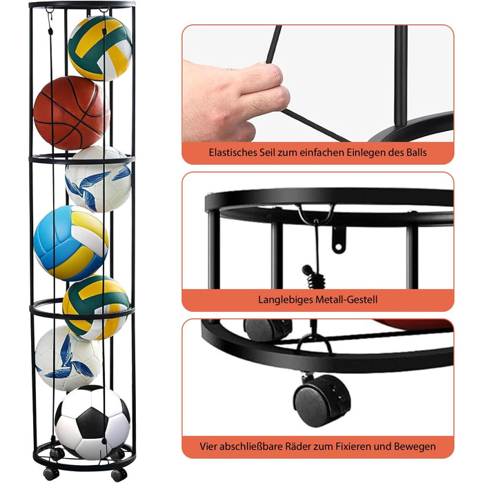 Стійка для м'ячів з колесами, настінна, 3-ярусна: для баскетболу, футболу, волейболу