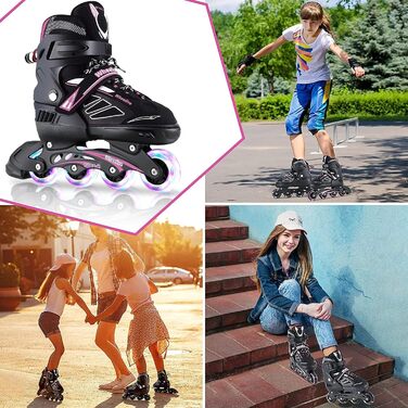 Інлайне ролики дитячі та підліткові регульовані з підсвічуванням коліс, ролики для хлопчиків та дівчаток, підходять для початківців та дорослих, чорно-рожевий, EU 39-42
