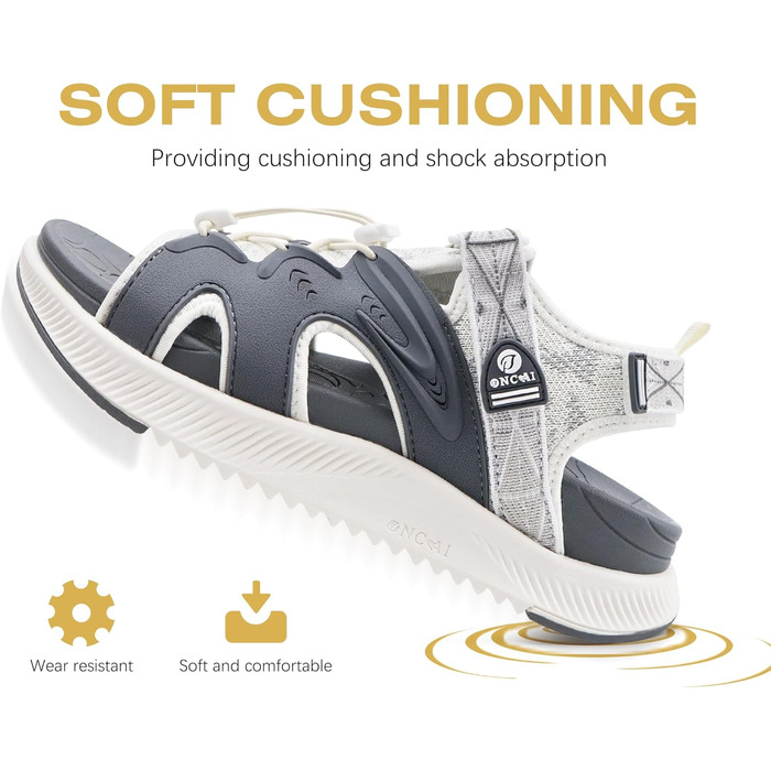 ONCAI Легкі сандалі для жінок, спортивні трекінгові сандалі з підтримкою стопи та ортопедичною устілкою для Plantar Fasciitis, регульовані ремінці, розміри 36-43 (43 EU, сірий та білий)