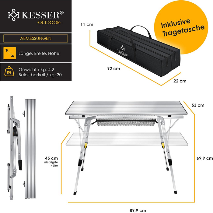 Кемпінговий стіл KESSER® складний, 90x53 см, з алюмінієвим каркасом, регулювання висоти, до 100 кг, з сумкою та сітчастою кишенею, срібний