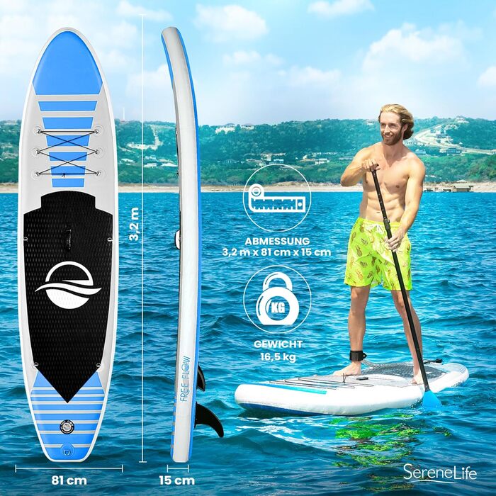 Надувна SUP-дошка SereneLife з повним комплектом аксесуарів, антиковзке покриття, весло, насос, сумка, для дітей та дорослих
